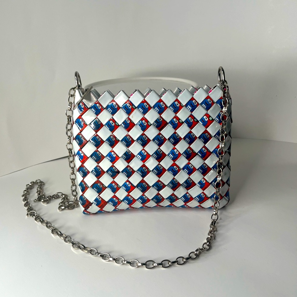 MITZ Campy M&M’s Blue and White woven Purse with metal chain handle